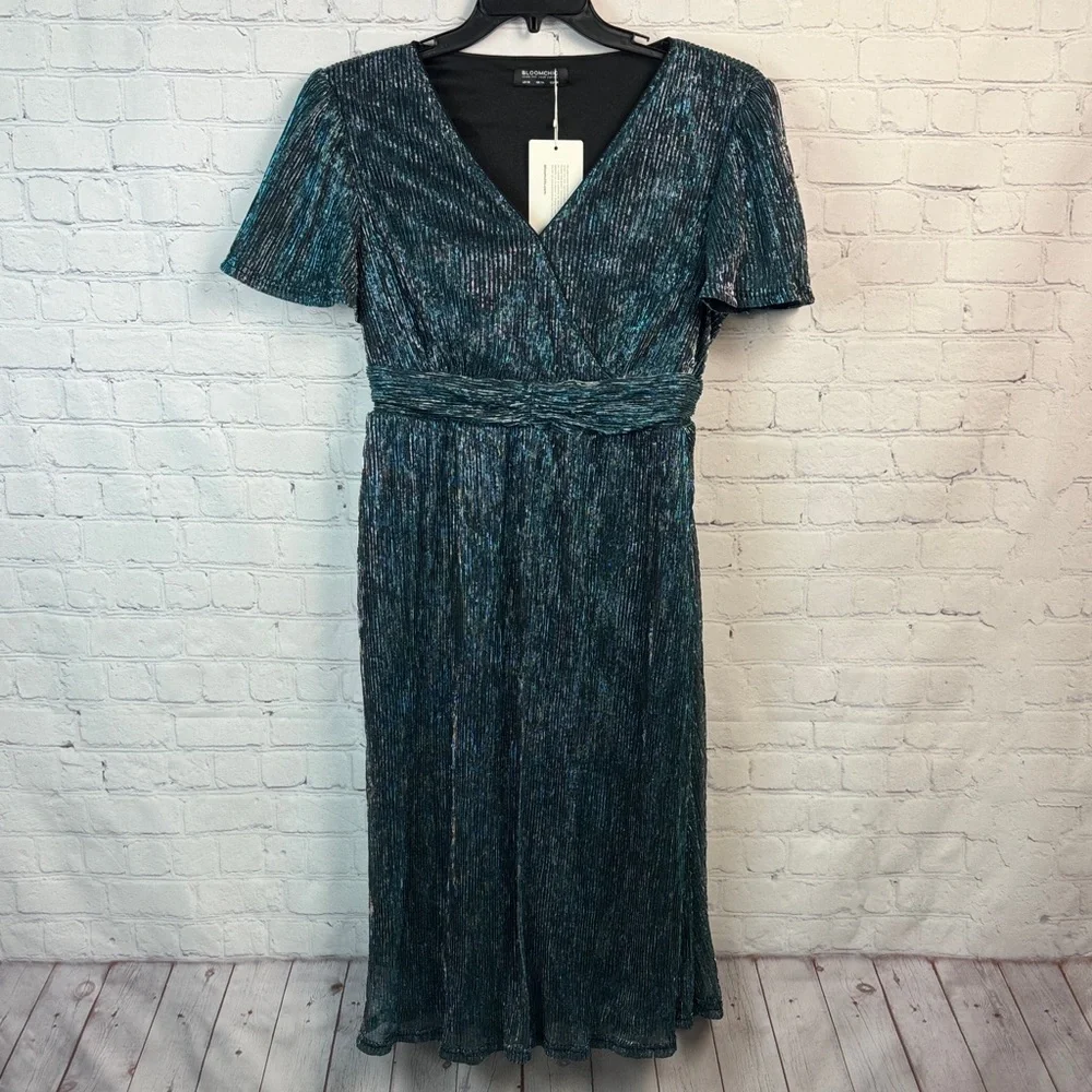 BloomChic Shimmering Teal and Black Midi Dress Size Medium 10 - Picture 2 of 7